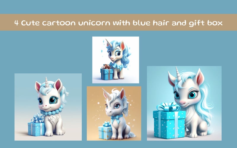 Licorne de dessin animé mignonne avec des cheveux bleus et une boîte cadeau