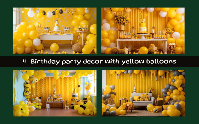 Decoración de fiesta de cumpleaños con globos amarillos.