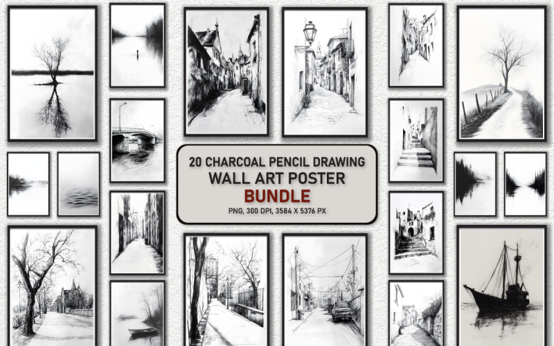 Charcoal Pencil Drawing Wall Art Poster Bundle