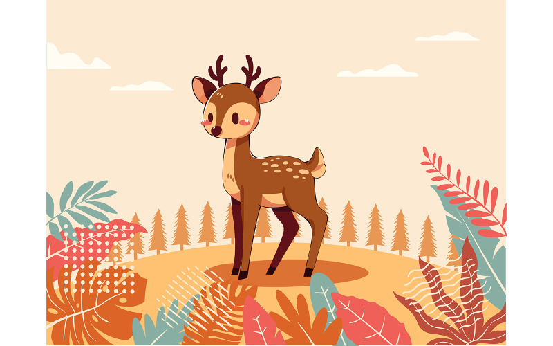 Illustration av en fawn omgiven av färgglada lövverk