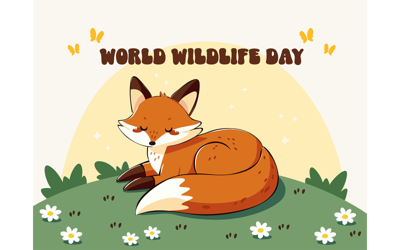 Ilustração de raposa fofa comemorando o Dia Mundial da Vida Selvagem