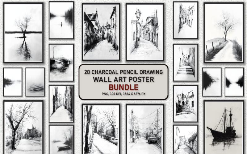 Pacchetto poster da parete con disegno a matita e carboncino