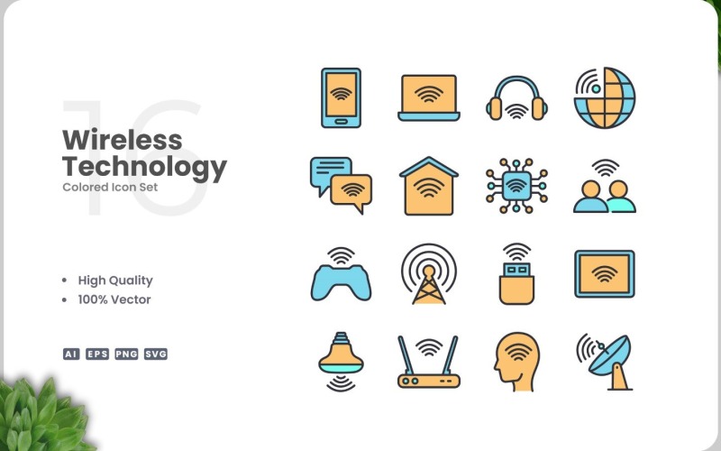 16 Draadloze technologie-icoonkleurenset