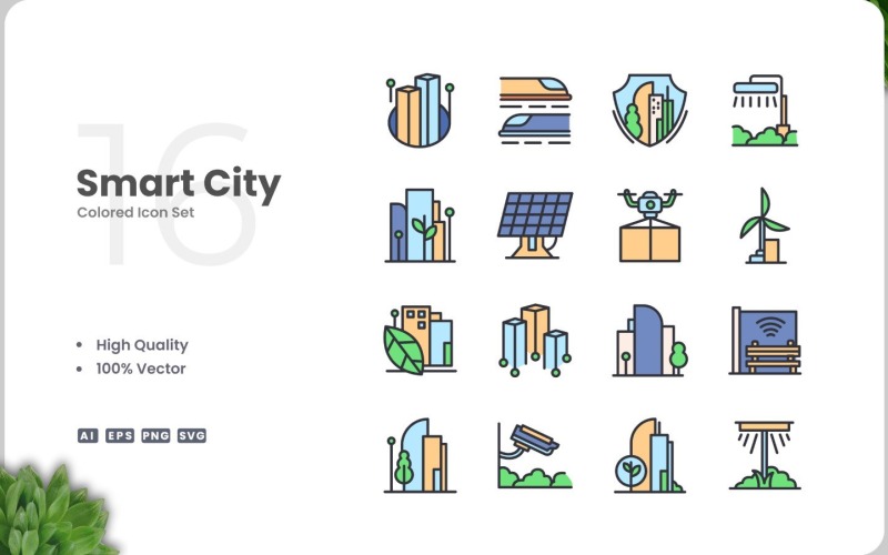 16 Smart City-ikonfärguppsättning