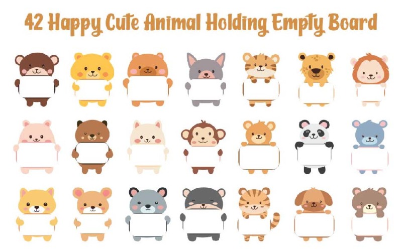 42 animales lindos felices sosteniendo un tablero vacío