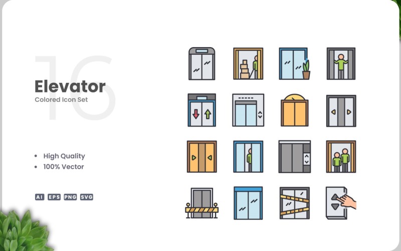 Conjunto de 16 colores de iconos de ascensor