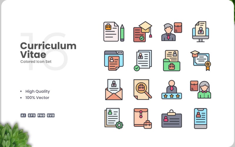 16 Curriculum Vitae-ikonfärguppsättning