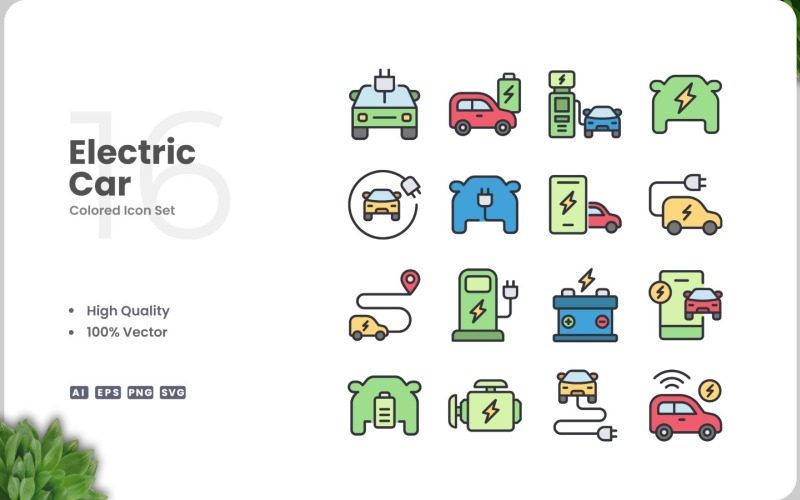 16 elbil ikon färguppsättning