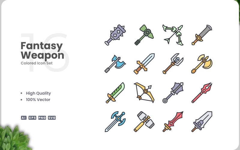 16 Fantasy Wapen Pictogram Kleurenset