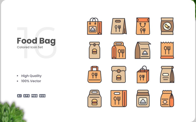 16 matpåse ikon färguppsättning