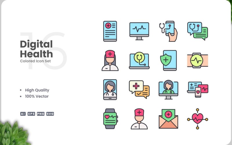 16 Digitale Gezondheidspictogram Kleurenset