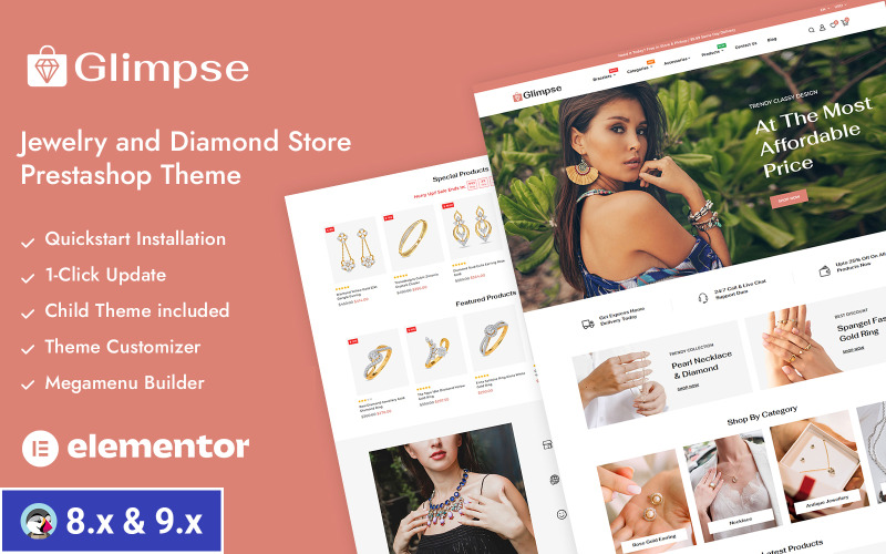 Glimpse - Sklep z biżuterią diamentową PrestaShop Responsywny motyw