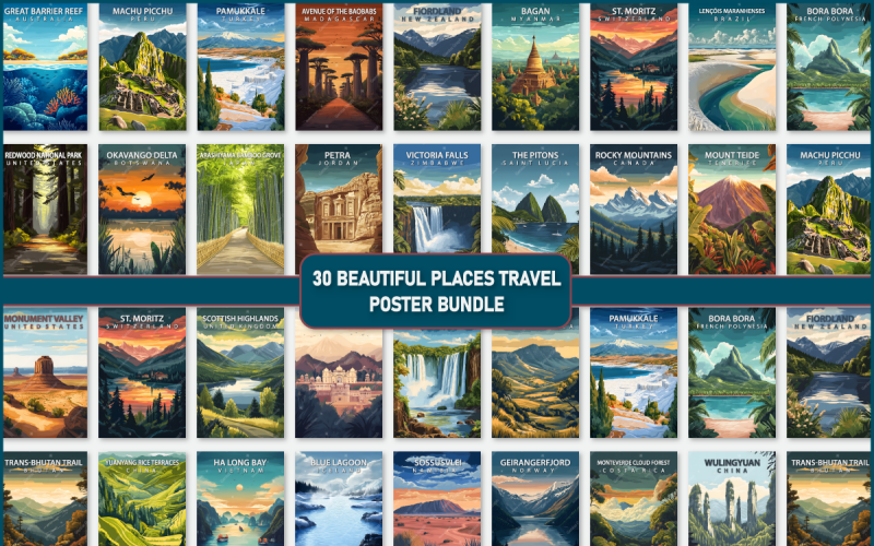 Pacote de pôsteres de viagem de lugares lindos