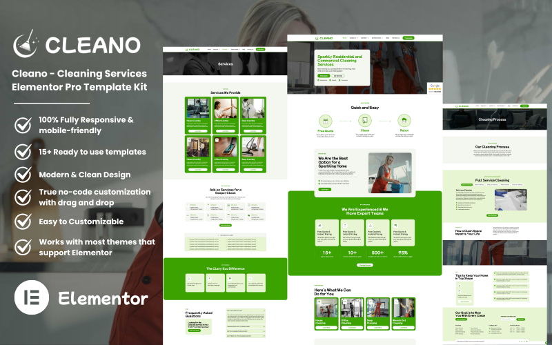 Cleano - Kit de modèles Elementor Pro pour services de nettoyage