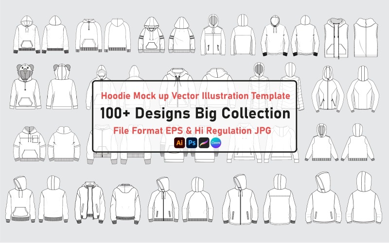 100+ Hoodie teknisk ritning mode platt skiss vektorillustration mock up mall bunt.