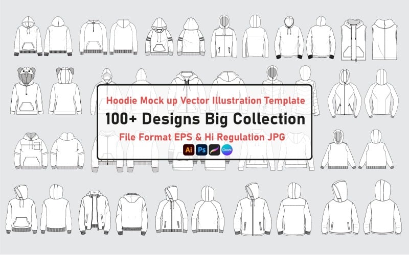 Más de 100 plantillas de maquetas de ilustraciones vectoriales de bocetos planos de moda con dibujo técnico de sudadera con capucha.