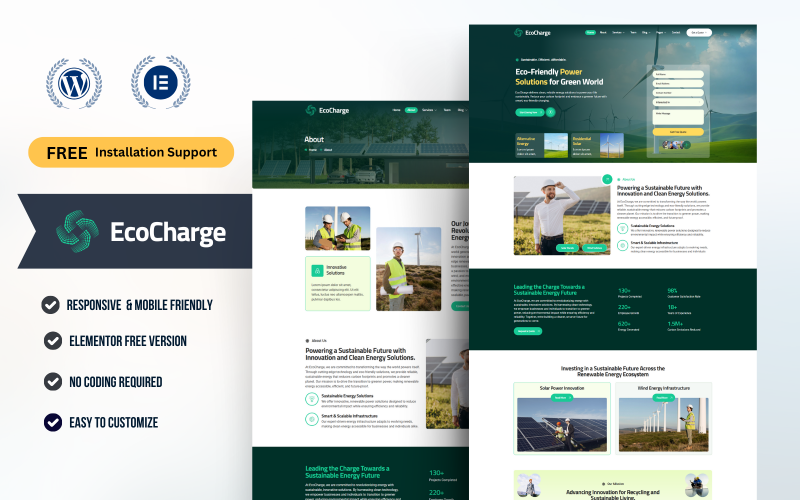 Echo Charge — Modello Elementor WordPress per energia rinnovabile verde