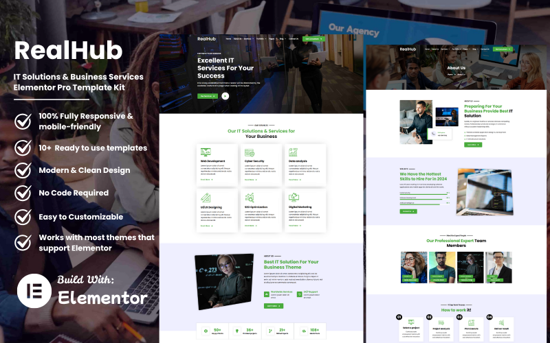 RealHub - IT-oplossingen en zakelijke diensten Elementor Pro-sjabloonkit