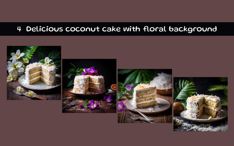 Delicioso pastel de coco con fondo floral.