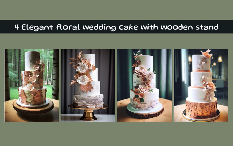 Bolo de casamento floral elegante com suporte de madeira