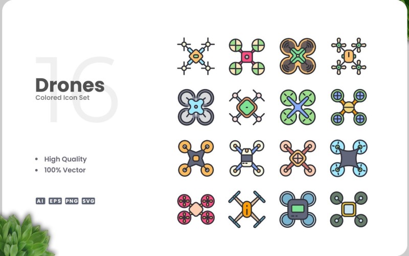 16 Drones Colored Icons Set
