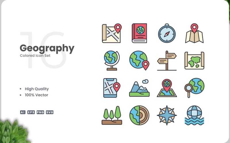 Ensemble de 16 icônes colorées de géographie