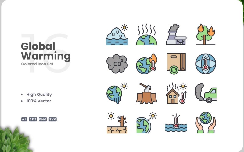 16 gekleurde pictogrammenset over opwarming van de aarde