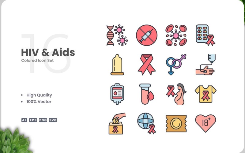 Sada 16 barevných ikon HIV a AIDS