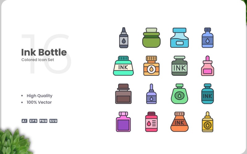 Conjunto de 16 iconos de colores de botellas de tinta
