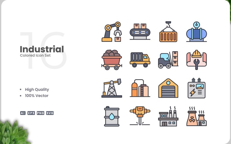 16 Industriële gekleurde pictogrammenset