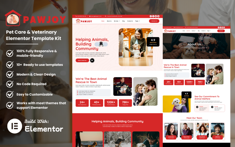 PawJoy – Kit di modelli Elementor per la cura degli animali domestici e veterinaria per siti Web moderni