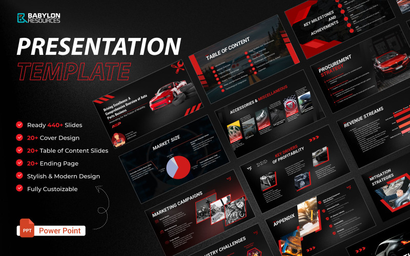 Araba ile ilgili sunumlar için PowerPoint şablonu, 450'den fazla slayttan oluşan eksiksiz bir koleksiyon