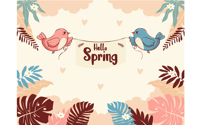 Charmig illustration med vårtema med fåglar och blommor