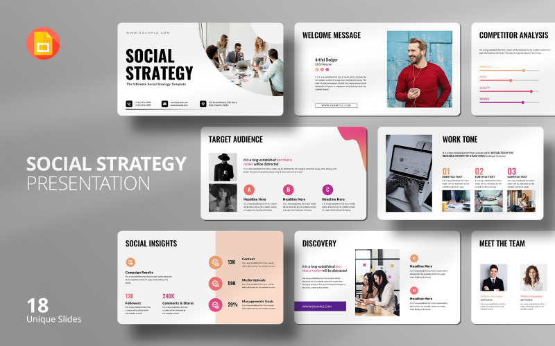 Estratégia social envolvente Google SlidesTemplate para crescimento empresarial