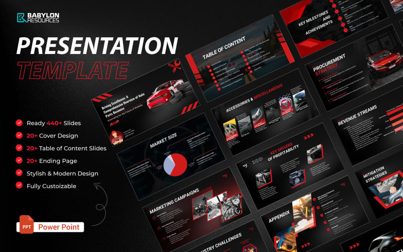 Modello PowerPoint per presentazioni relative all'auto, una raccolta completa di oltre 450 diapositive