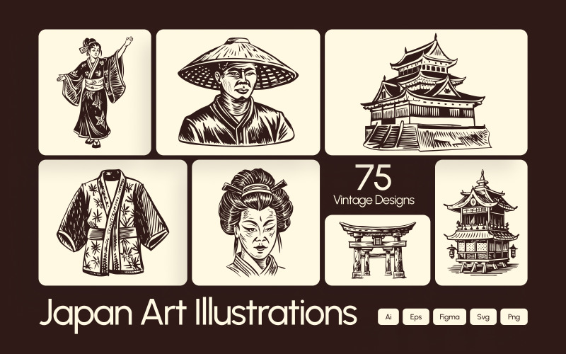 Conjunto de ícones de arte vintage do Japão