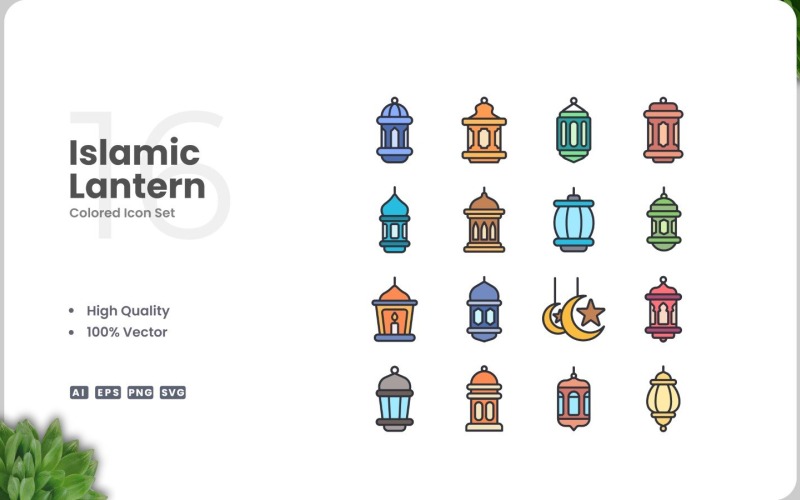 16 Islamitische lantaarn gekleurde iconen set
