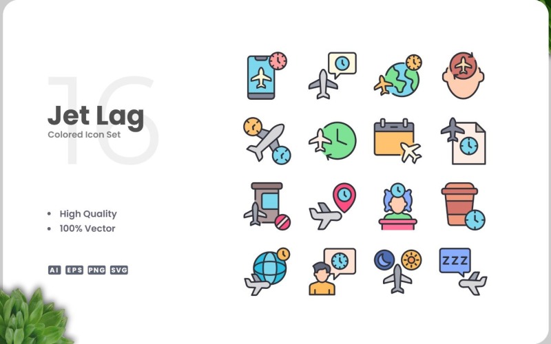 16 Jet Lag gekleurde iconen set