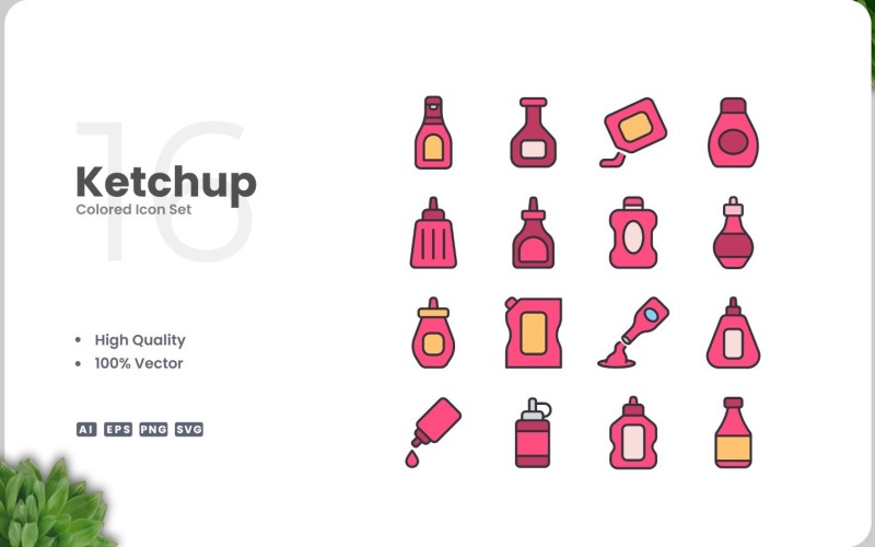 16 ketchup färgade ikoner Set