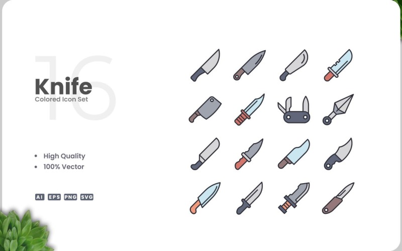 Set di 16 icone colorate a forma di coltello