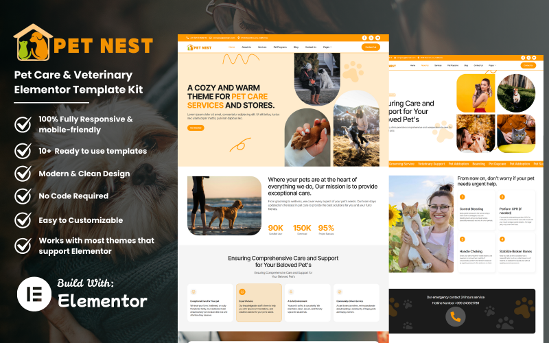 PetNest – Kit de plantillas Elementor para cuidado de mascotas y veterinaria