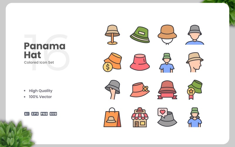 16 Panama Hoed Gekleurde Pictogrammen Set