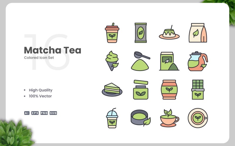 Set di 16 icone colorate del tè Matcha