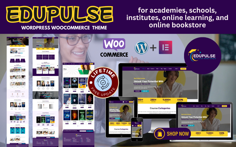 Edupulse - Tema WordPress para Academias, Escolas e Aprendizagem Online com Loja de Livros Online