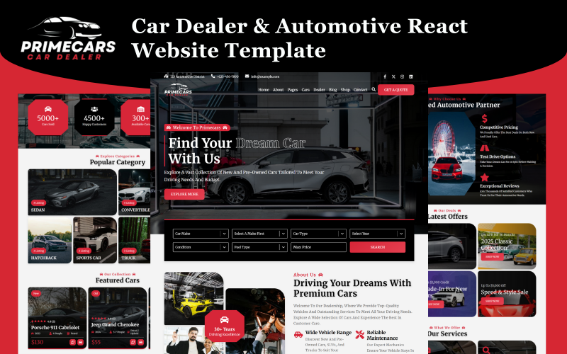 PrimeCars – Araba Bayisi ve Otomotiv React Web Sitesi Şablonu