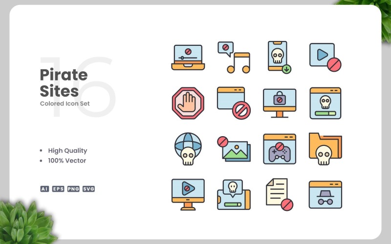 16 Piratensites gekleurde pictogrammenset