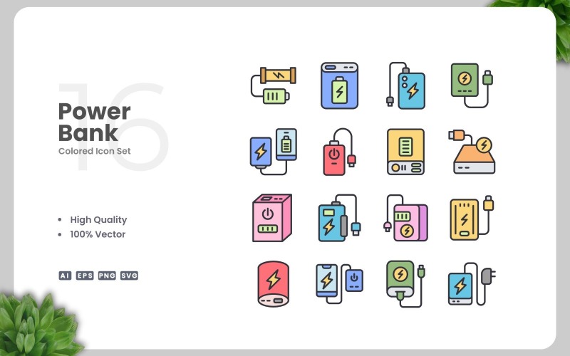 16 Power Bank Colored Icons Set
