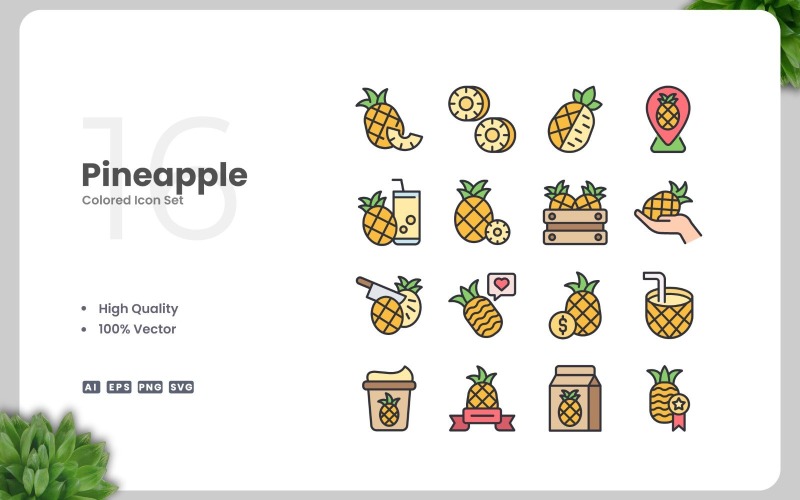 Set di 16 icone colorate di ananas