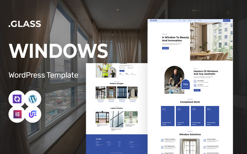 玻璃 - 玻璃、窗户制造和维修 WordPress Elementor 主题