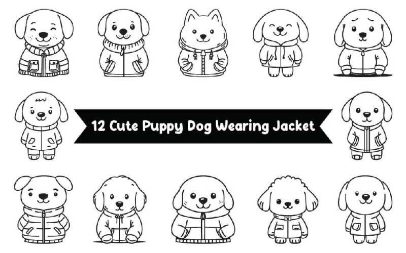 12 simpatici personaggi di cuccioli di cane che indossano una giacca in Line Art